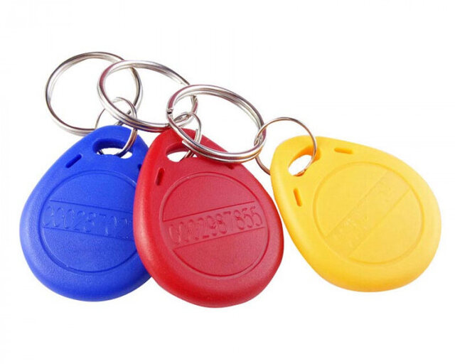 RFID keyfobs in blue, red and yellow